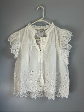 Color Block White Eyelet Ruffle Sleeve Blouse. Sz M. NWT